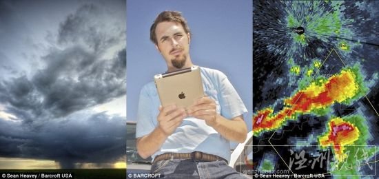 肖恩(中)利用雷達示波器軟件(右)發現風暴所在的位置,然后開車趕往目的地(風暴移動用紅色和橙色顯示) 肖恩(中)利用雷達示波器軟件(右)發現風暴所在的位置,然后開車趕往目的地(風暴移動用紅色和橙色顯示)