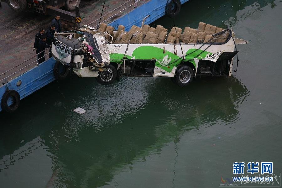 10月3日,湖北興山“10·1”特大道路交通事故中墜河的客車被打撈出水。