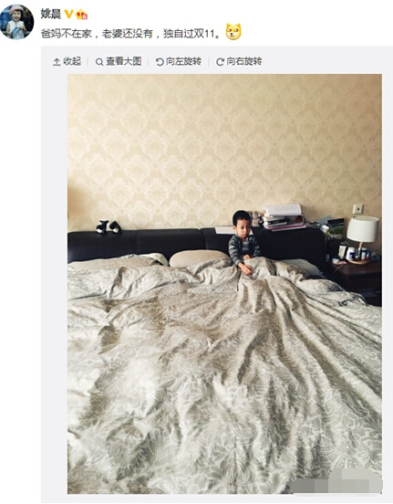 姚晨調侃兒子單身 爸媽不在家 老婆還沒有 獨自過雙11