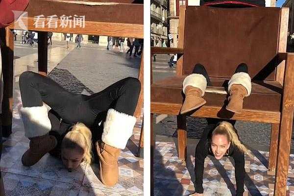 美女街頭表演柔術(shù)失誤 鼻子撞上椅子當(dāng)場(chǎng)流血