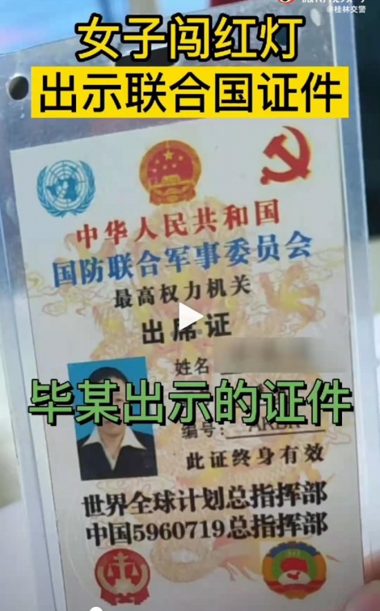 女子闖紅燈出示聯合國證件