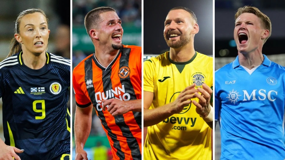 （從左到右）卡羅琳&middot;威爾、鄧迪聯(lián)隊(duì)的馬克斯&middot;沃特斯、希伯尼安隊(duì)的馬丁&middot;博伊爾和那不勒斯隊(duì)的斯科特&middot;麥克托米奈