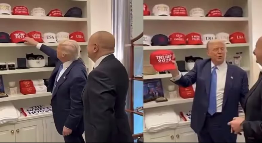 白宮一間商品室，藏品包括毛巾、袖扣、書籍、蠟燭和印有&ldquo;特朗普2028&rdquo;的帽子。