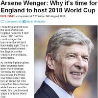 溫格力挺英格蘭申辦2018世界杯：不該落后德國